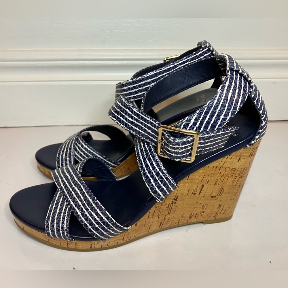 Cole Haan Grand OS Women’s 8.5 Blue White Jillian Cork Wedge Sandal Platform